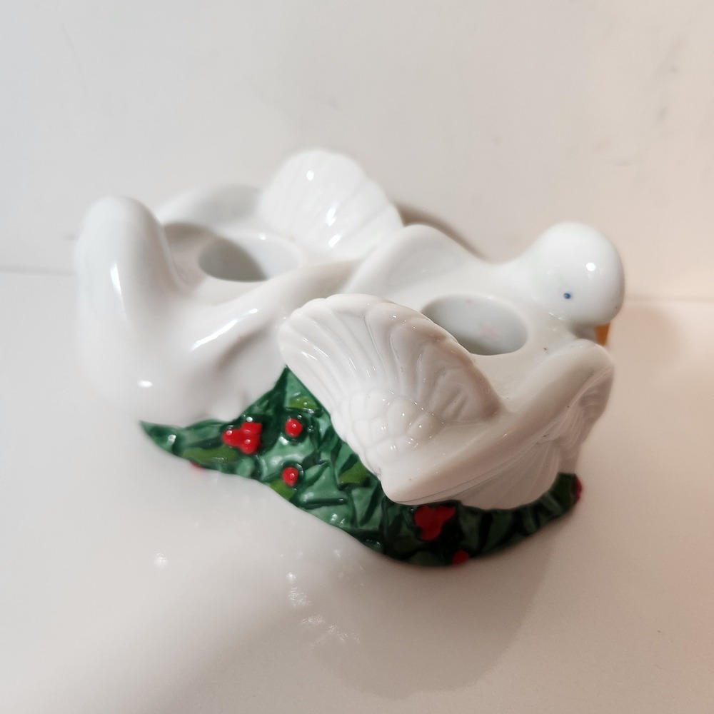 Vintage Avon White Doves Holly Berry Porcelain Taper Candle Holder Christmas